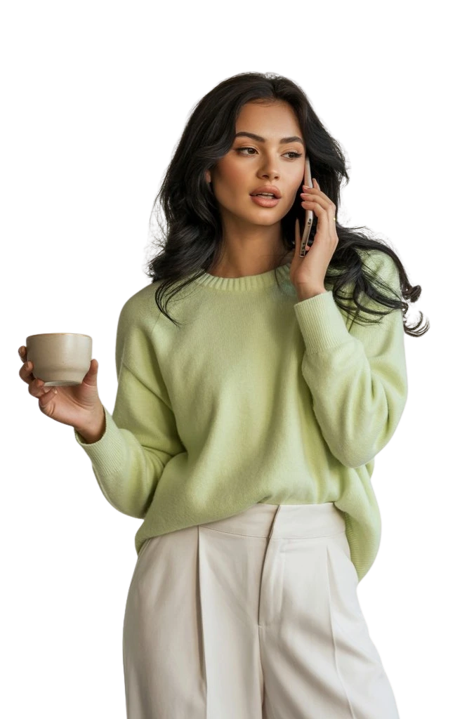 Woman in green sweater holding coffee cup, representing balanced social media content and improved market presence through SMO services
